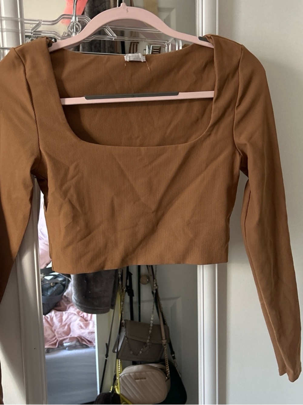 Cotton On Brown Square-Neck Long Sleeve Crop Top